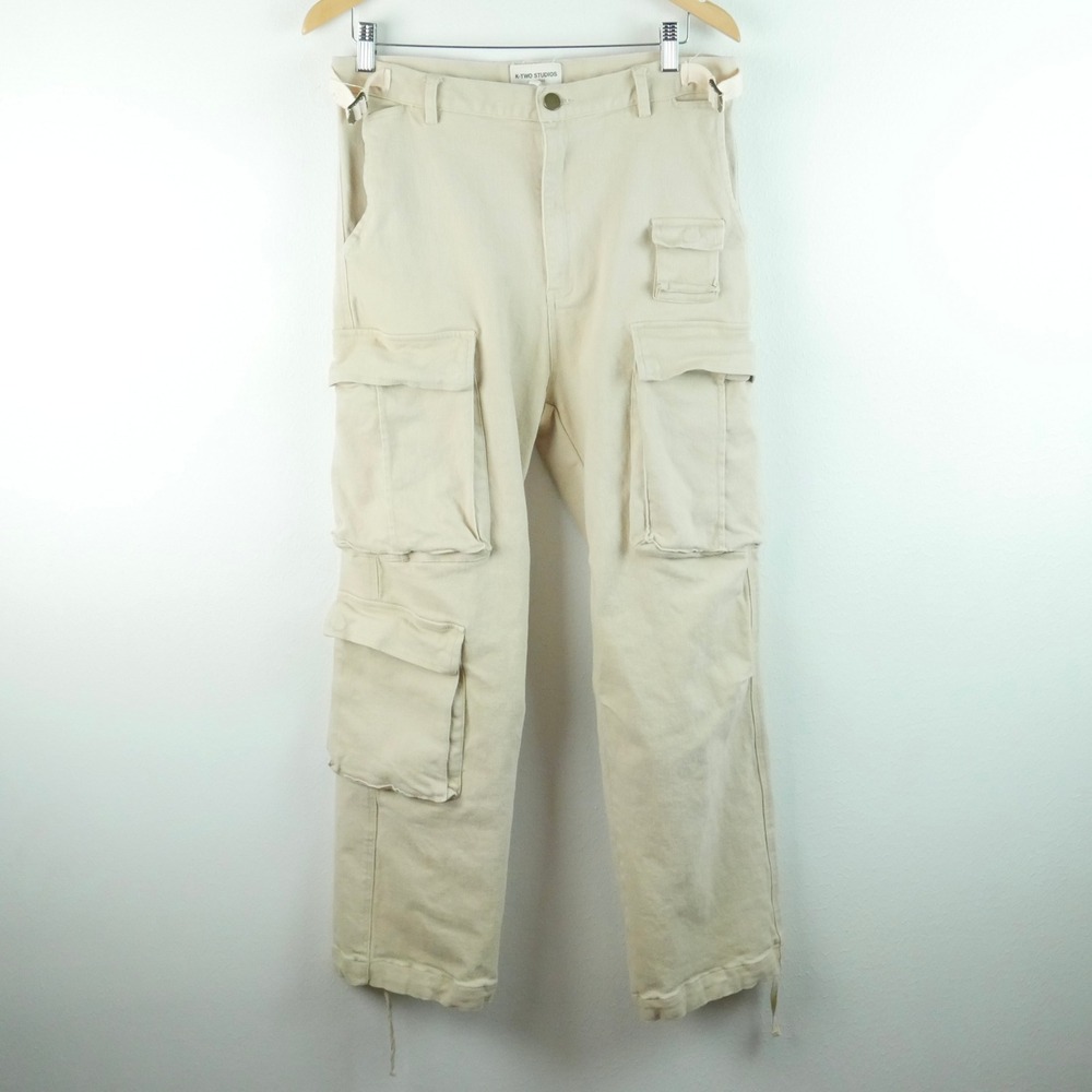 K-Two Studios Mens Cream Multi Pocket Cargo Pants Adjustable Waist Large 33 x 29